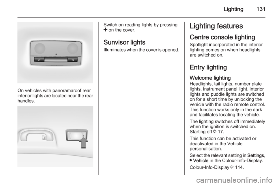 OPEL INSIGNIA 2014  Owners Manual Lighting131
On vehicles with panoramaroof rear
interior lights are located near the rear
handles.
Switch on reading lights by pressing
<  on the cover.
Sunvisor lights
Illuminates when the cover is op