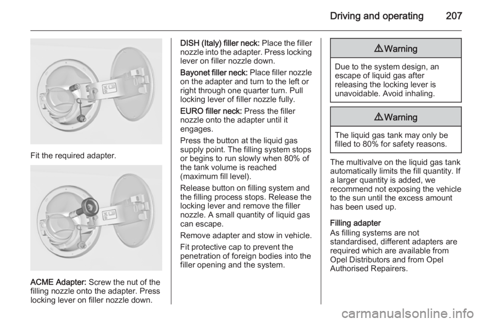 OPEL INSIGNIA 2014  Owners Manual Driving and operating207
Fit the required adapter.
ACME Adapter: Screw the nut of the
filling nozzle onto the adapter. Press
locking lever on filler nozzle down.
DISH (Italy) filler neck:  Place the f