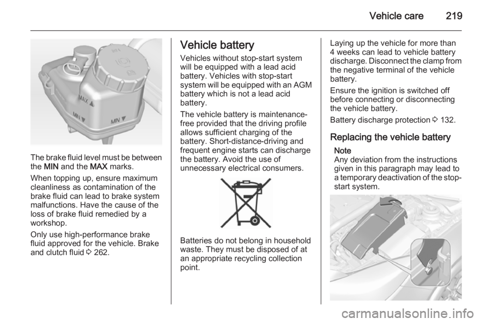 OPEL INSIGNIA 2014  Manual user Vehicle care219
The brake fluid level must be betweenthe  MIN  and the  MAX marks.
When topping up, ensure maximum cleanliness as contamination of the
brake fluid can lead to brake system
malfunctions