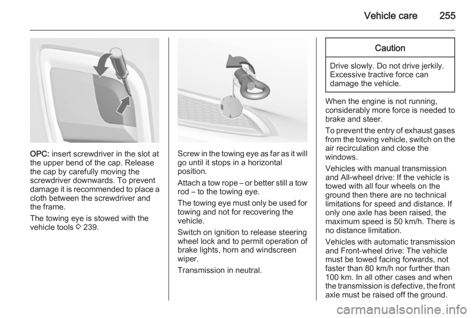 OPEL INSIGNIA 2014 Manual user Vehicle care255
OPC: insert screwdriver in the slot at
the upper bend of the cap. Release
the cap by carefully moving the
screwdriver downwards. To prevent
damage it is recommended to place a cloth be OPEL INSIGNIA 2014 Manual user Vehicle care255
OPC: insert screwdriver in the slot at
the upper bend of the cap. Release
the cap by carefully moving the
screwdriver downwards. To prevent
damage it is recommended to place a cloth be