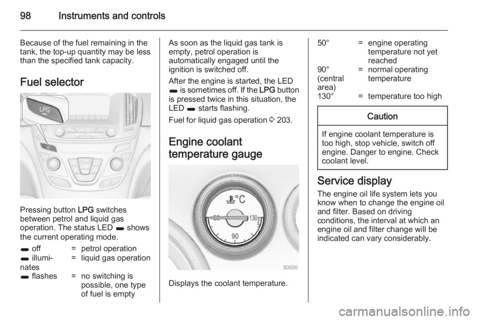 OPEL INSIGNIA 2014  Owners Manual 98Instruments and controls
Because of the fuel remaining in the
tank, the top-up quantity may be less
than the specified tank capacity.
Fuel selector
Pressing button  LPG switches
between petrol and l