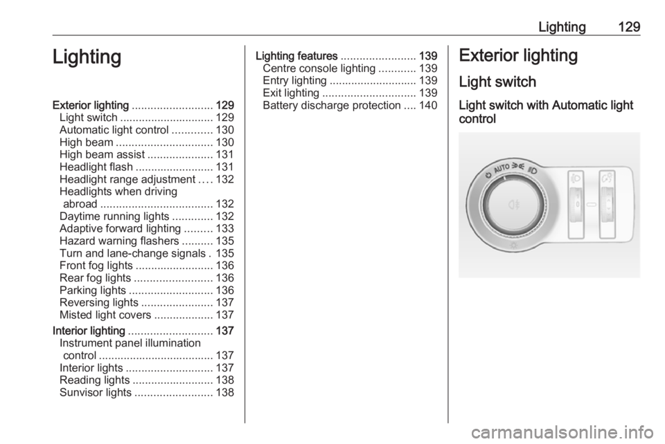 OPEL INSIGNIA 2017  Owners Manual Lighting129LightingExterior lighting.......................... 129
Light switch .............................. 129
Automatic light control .............130
High beam ............................... 13