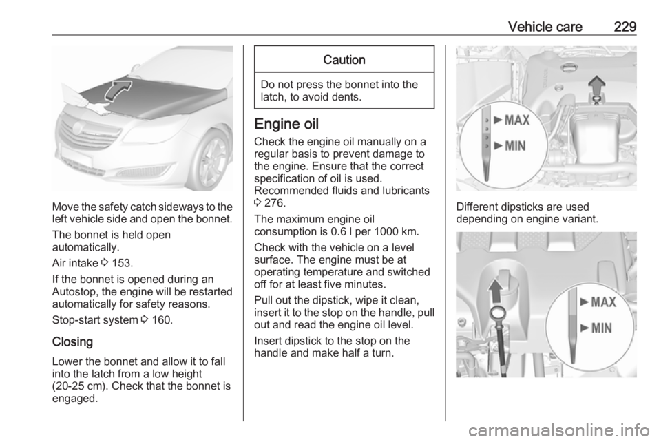 OPEL INSIGNIA 2017  Owners Manual Vehicle care229
Move the safety catch sideways to theleft vehicle side and open the bonnet.
The bonnet is held open
automatically.
Air intake  3 153.
If the bonnet is opened during an Autostop, the en