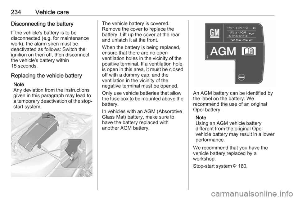 OPEL INSIGNIA 2017  Owners Manual 234Vehicle careDisconnecting the battery
If the vehicle's battery is to be
disconnected (e.g. for maintenance
work), the alarm siren must be
deactivated as follows: Switch the
ignition on then off