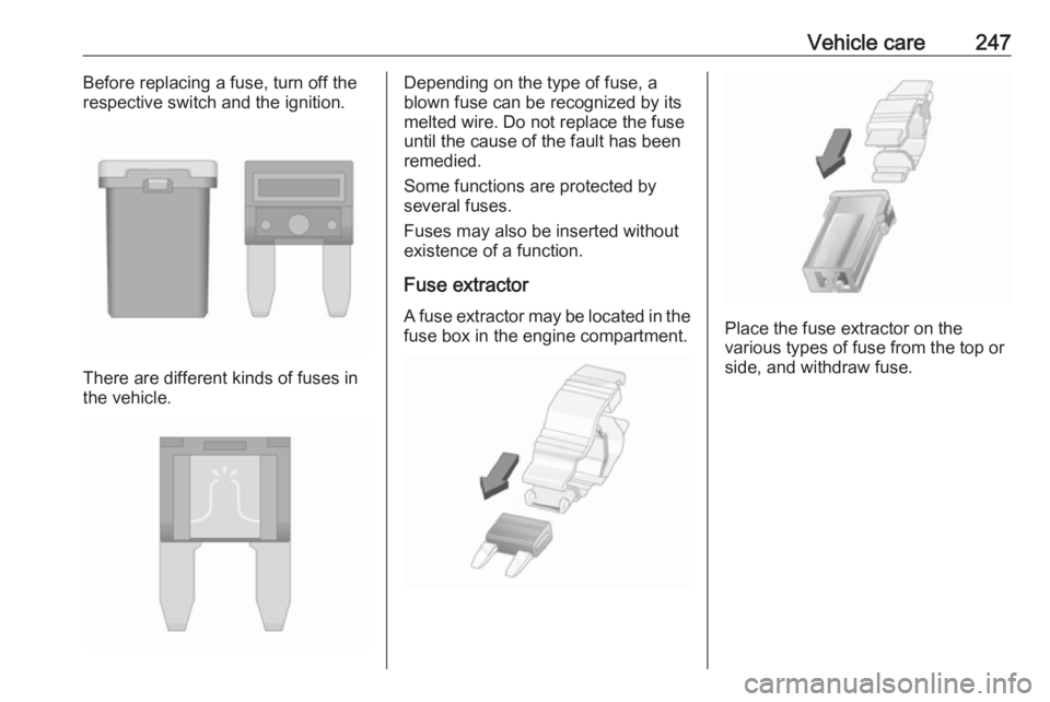 OPEL INSIGNIA 2017  Owners Manual Vehicle care247Before replacing a fuse, turn off the
respective switch and the ignition.
There are different kinds of fuses in
the vehicle.
Depending on the type of fuse, a
blown fuse can be recognize