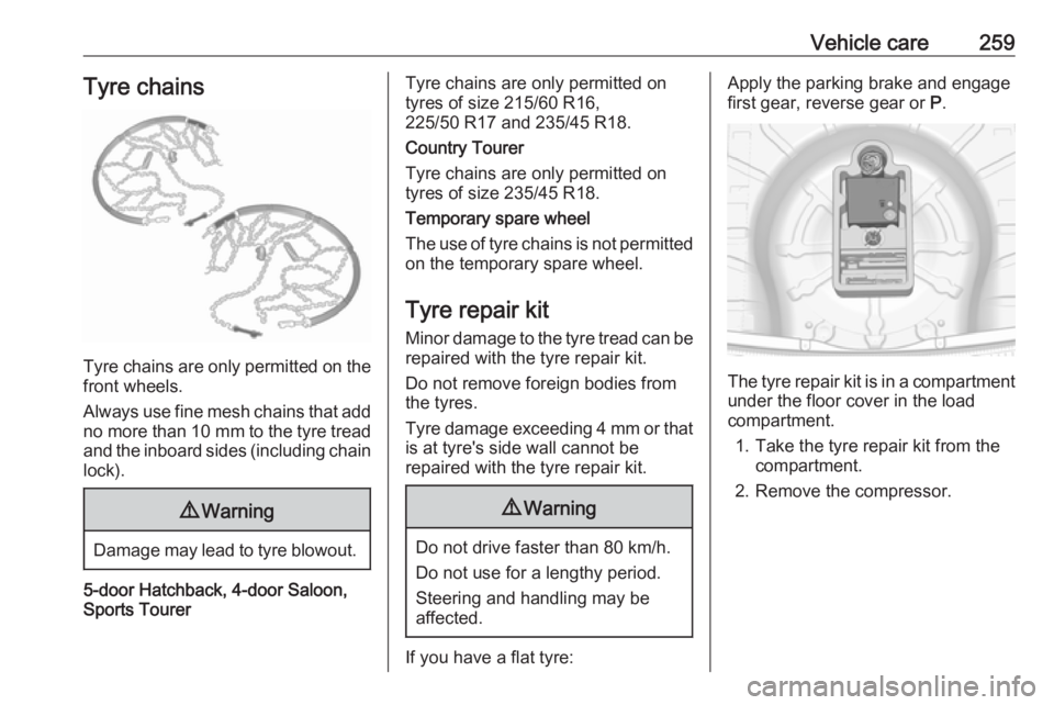 OPEL INSIGNIA 2017  Owners Manual Vehicle care259Tyre chains
Tyre chains are only permitted on the
front wheels.
Always use fine mesh chains that add no more than  10 mm to the tyre tread
and the inboard sides (including chain lock).
