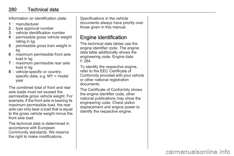 OPEL INSIGNIA 2017  Owners Manual 280Technical dataInformation on identification plate:1:manufacturer2:type approval number3:vehicle identification number4:permissible gross vehicle weight
rating in kg5:permissible gross train weight 