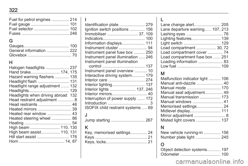 OPEL INSIGNIA 2017  Owners Manual 322Fuel for petrol engines ...............214
Fuel gauge ................................. 101
Fuel selector  .............................. 102
Fuses  ......................................... 246
G 