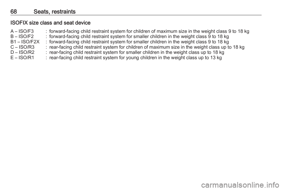 OPEL INSIGNIA 2017  Owners Manual 68Seats, restraintsISOFIX size class and seat deviceA – ISO/F3:forward-facing child restraint system for children of maximum size in the weight class 9 to 18 kgB – ISO/F2:forward-facing child rest
