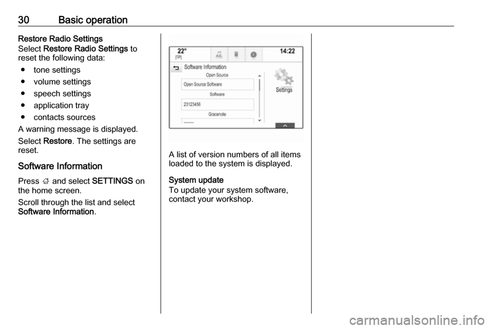 OPEL INSIGNIA BREAK 2017.5 Infotainment system 30Basic operationRestore Radio Settings
Select Restore Radio Settings to
reset the following data:
● tone settings
● volume settings
● speech settings
● application tray
● contacts sources OPEL INSIGNIA BREAK 2017.5 Infotainment system 30Basic operationRestore Radio Settings
Select Restore Radio Settings to
reset the following data:
● tone settings
● volume settings
● speech settings
● application tray
● contacts sources