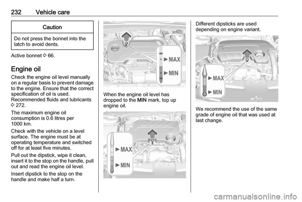 OPEL INSIGNIA BREAK 2017.5  Manual user 232Vehicle careCaution
Do not press the bonnet into the
latch to avoid dents.
Active bonnet  3 66.
Engine oil
Check the engine oil level manually
on a regular basis to prevent damage
to the engine. En