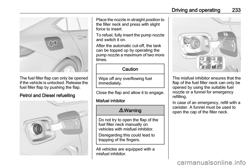 OPEL INSIGNIA BREAK 2017.75 Manual user Driving and operating233
The fuel filler flap can only be opened
if the vehicle is unlocked. Release the
fuel filler flap by pushing the flap.
Petrol and Diesel refuelling
Place the nozzle in straight OPEL INSIGNIA BREAK 2017.75 Manual user Driving and operating233
The fuel filler flap can only be opened
if the vehicle is unlocked. Release the
fuel filler flap by pushing the flap.
Petrol and Diesel refuelling
Place the nozzle in straight