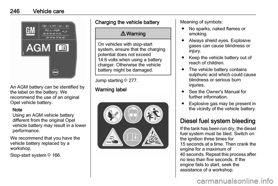 OPEL INSIGNIA BREAK 2017.75  Owners Manual 246Vehicle care
An AGM battery can be identified by
the label on the battery. We
recommend the use of an original
Opel vehicle battery.
Note
Using an AGM vehicle battery
different from the original Op