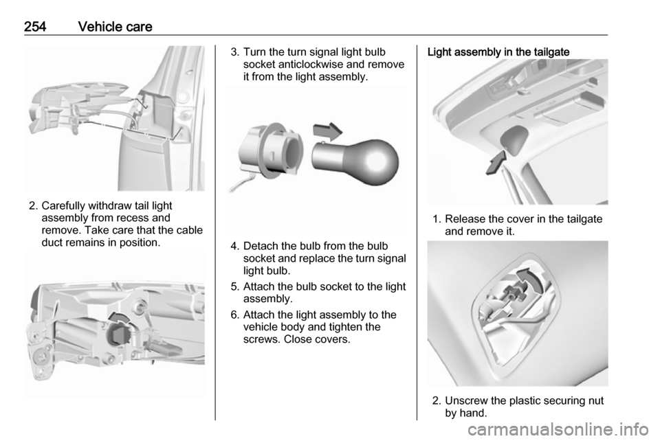 OPEL INSIGNIA BREAK 2017.75 Manual user 254Vehicle care
2. Carefully withdraw tail lightassembly from recess and
remove. Take care that the cable
duct remains in position.
3. Turn the turn signal light bulb socket anticlockwise and removeit OPEL INSIGNIA BREAK 2017.75 Manual user 254Vehicle care
2. Carefully withdraw tail lightassembly from recess and
remove. Take care that the cable
duct remains in position.
3. Turn the turn signal light bulb socket anticlockwise and removeit