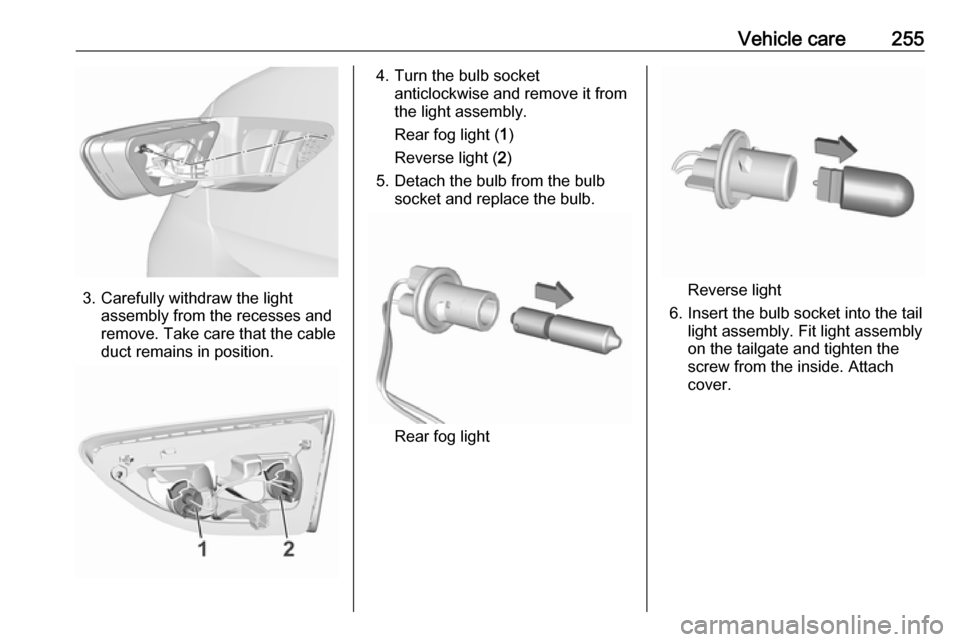 OPEL INSIGNIA BREAK 2017.75 Manual user Vehicle care255
3. Carefully withdraw the lightassembly from the recesses and
remove. Take care that the cable
duct remains in position.
4. Turn the bulb socket anticlockwise and remove it from
the li OPEL INSIGNIA BREAK 2017.75 Manual user Vehicle care255
3. Carefully withdraw the lightassembly from the recesses and
remove. Take care that the cable
duct remains in position.
4. Turn the bulb socket anticlockwise and remove it from
the li