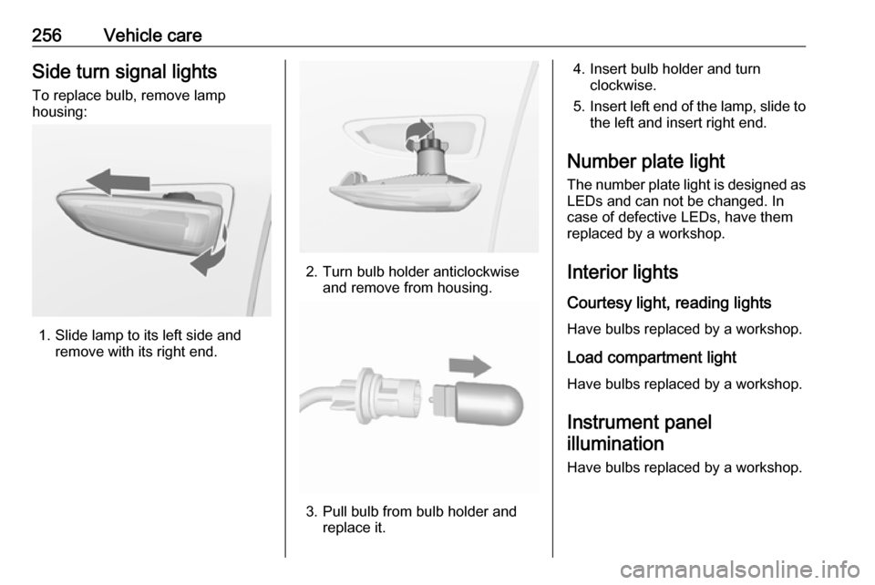 OPEL INSIGNIA BREAK 2017.75 Manual user 256Vehicle careSide turn signal lightsTo replace bulb, remove lamp
housing:
1. Slide lamp to its left side and remove with its right end.
2. Turn bulb holder anticlockwiseand remove from housing.
3. P OPEL INSIGNIA BREAK 2017.75 Manual user 256Vehicle careSide turn signal lightsTo replace bulb, remove lamp
housing:
1. Slide lamp to its left side and remove with its right end.
2. Turn bulb holder anticlockwiseand remove from housing.
3. P