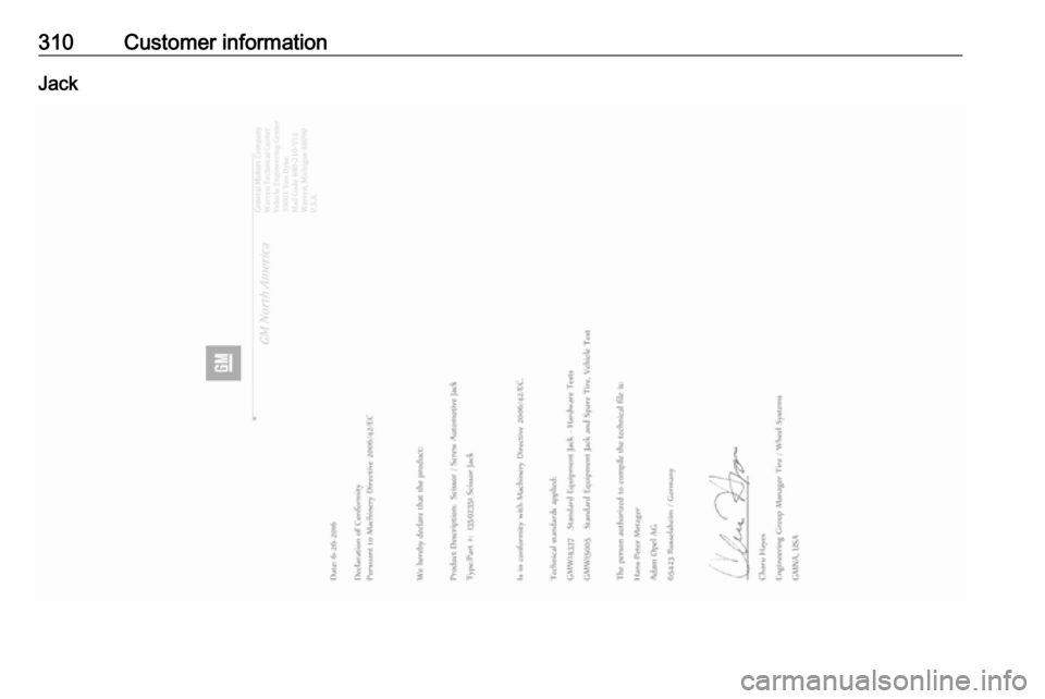 OPEL INSIGNIA BREAK 2018 Manual user 310Customer informationJack OPEL INSIGNIA BREAK 2018 Manual user 310Customer informationJack