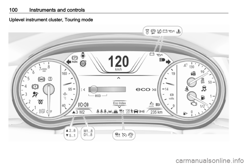 OPEL INSIGNIA BREAK 2019 Owners Manual 100Instruments and controlsUplevel instrument cluster, Touring mode OPEL INSIGNIA BREAK 2019 Owners Manual 100Instruments and controlsUplevel instrument cluster, Touring mode
