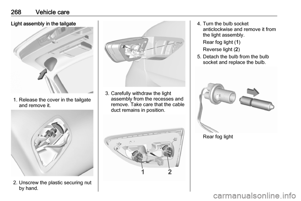 OPEL INSIGNIA BREAK 2019 Manual user 268Vehicle careLight assembly in the tailgate
1. Release the cover in the tailgateand remove it.
2. Unscrew the plastic securing nutby hand.
3. Carefully withdraw the lightassembly from the recesses a OPEL INSIGNIA BREAK 2019 Manual user 268Vehicle careLight assembly in the tailgate
1. Release the cover in the tailgateand remove it.
2. Unscrew the plastic securing nutby hand.
3. Carefully withdraw the lightassembly from the recesses a