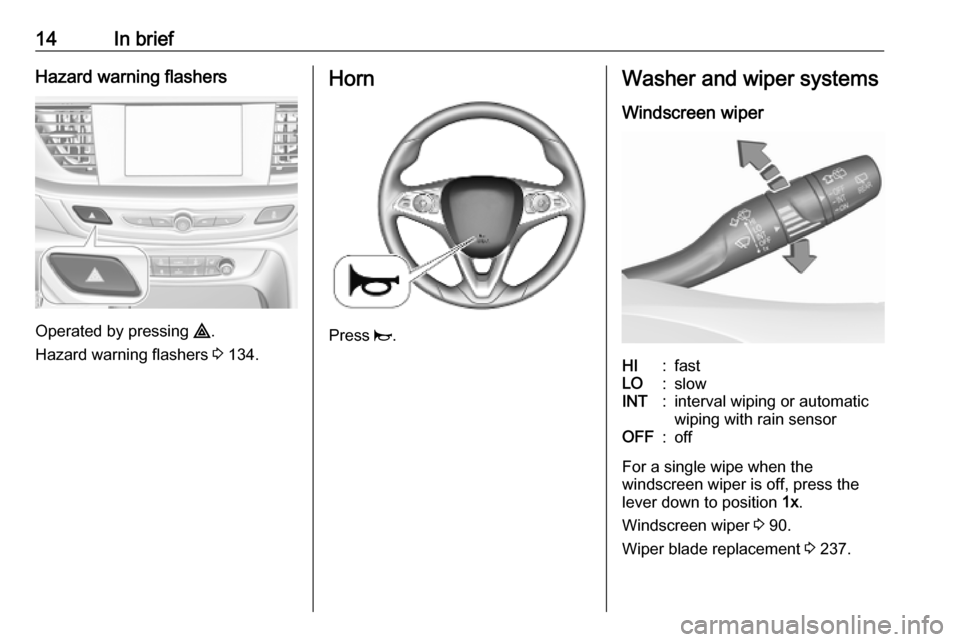 OPEL INSIGNIA BREAK 2020 User Guide 14In briefHazard warning flashers
Operated by pressing ¨.
Hazard warning flashers  3 134.
Horn
Press  j.
Washer and wiper systems
Windscreen wiperHI:fastLO:slowINT:interval wiping or automatic
wiping