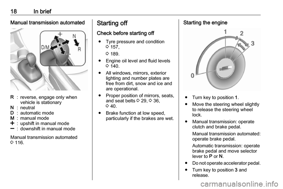 OPEL KARL 2017  Owners Manual 18In briefManual transmission automatedR:reverse, engage only when
vehicle is stationaryN:neutralD:automatic modeM:manual mode<:upshift in manual mode]:downshift in manual mode
Manual transmission aut