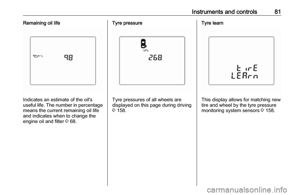 OPEL KARL 2017  Owners Manual Instruments and controls81Remaining oil life
Indicates an estimate of the oils
useful life. The number in percentage means the current remaining oil life
and indicates when to change the
engine oil a