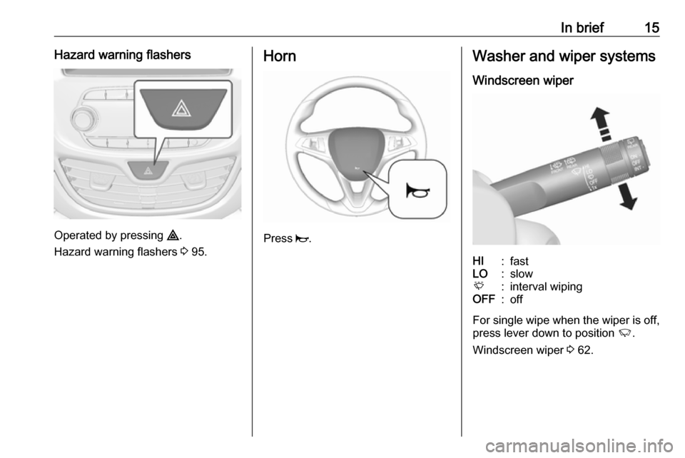 OPEL KARL 2018.5 User Guide In brief15Hazard warning flashers
Operated by pressing ¨.
Hazard warning flashers  3 95.
Horn
Press  j.
Washer and wiper systems
Windscreen wiperHI:fastLO:slowE:interval wipingOFF:off
For single wipe