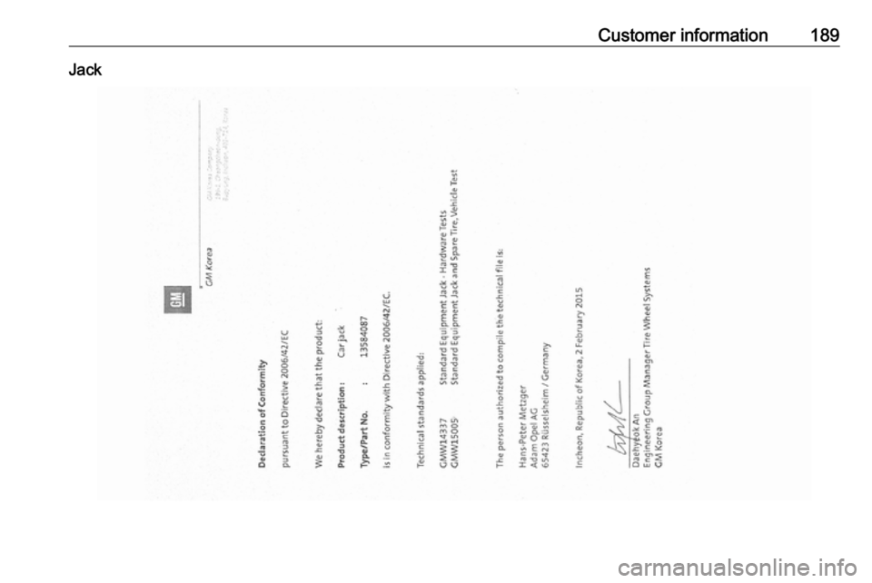 OPEL KARL 2018.5 Owners Manual Customer information189Jack OPEL KARL 2018.5 Owners Manual Customer information189Jack