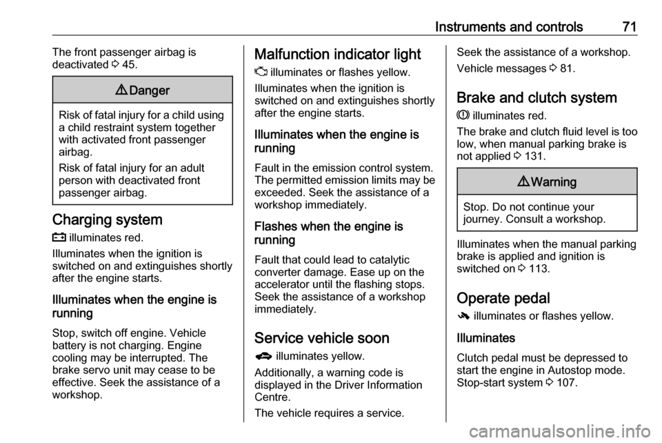 OPEL KARL 2019  Owners Manual Instruments and controls71The front passenger airbag is
deactivated  3 45.9 Danger
Risk of fatal injury for a child using
a child restraint system together
with activated front passenger
airbag.
Risk 