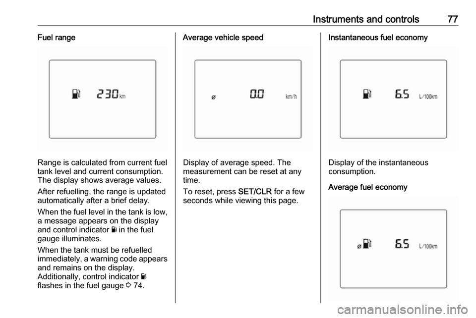 OPEL KARL 2019  Manual user Instruments and controls77Fuel range
Range is calculated from current fuel
tank level and current consumption.
The display shows average values.
After refuelling, the range is updated
automatically af