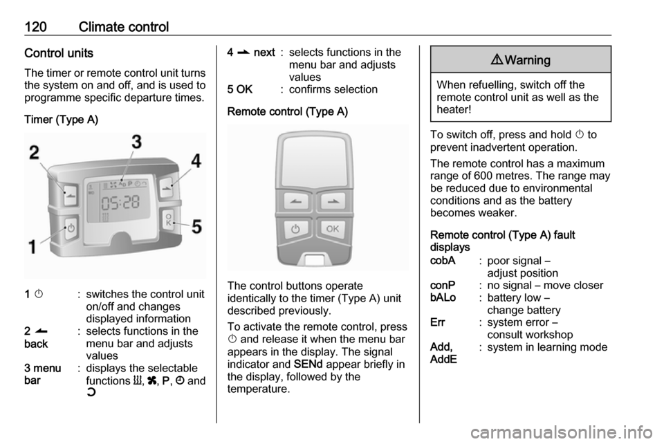 OPEL MOVANO_B 2017  Owners Manual 120Climate controlControl unitsThe timer or remote control unit turns
the system on and off, and is used to
programme specific departure times.
Timer (Type A)1  X:switches the control unit
on/off and 