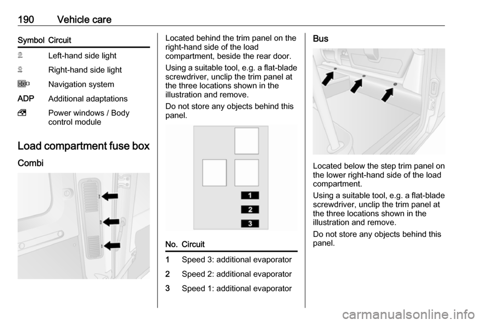 OPEL MOVANO_B 2017  Owners Manual 190Vehicle careSymbolCircuitTLeft-hand side lightSRight-hand side lightONavigation systemADPAdditional adaptations,Power windows / Body
control module
Load compartment fuse box
Combi
Located behind th