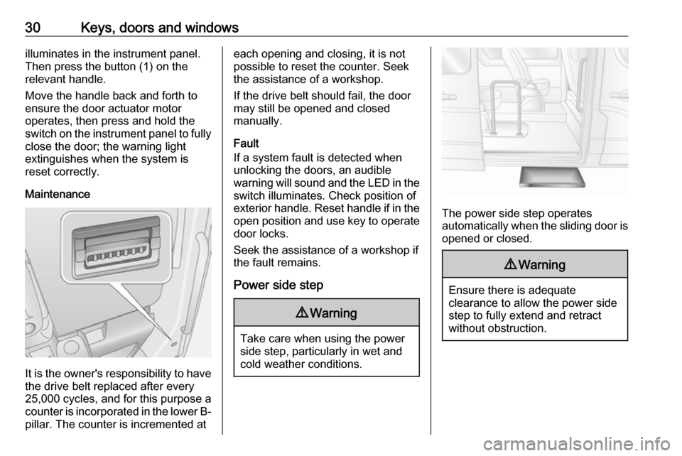 OPEL MOVANO_B 2017 Owners Guide 30Keys, doors and windowsilluminates in the instrument panel.
Then press the button (1) on the
relevant handle.
Move the handle back and forth to ensure the door actuator motor
operates, then press an