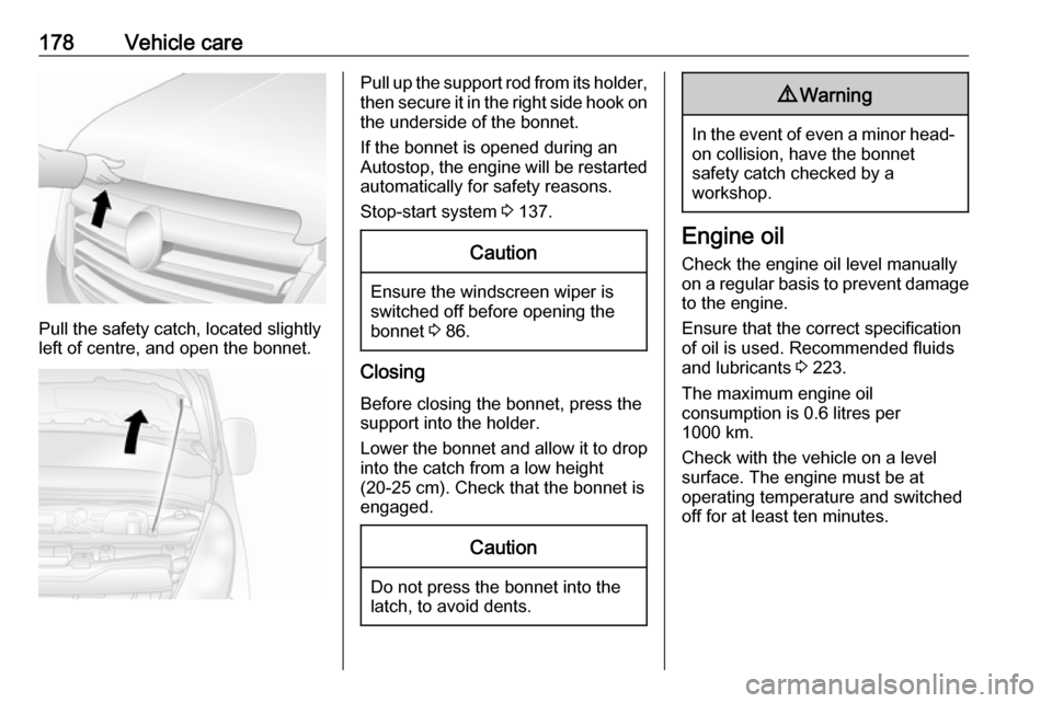 OPEL MOVANO_B 2018 Manual user 178Vehicle care
Pull the safety catch, located slightly
left of centre, and open the bonnet.
Pull up the support rod from its holder,
then secure it in the right side hook on the underside of the bonn OPEL MOVANO_B 2018 Manual user 178Vehicle care
Pull the safety catch, located slightly
left of centre, and open the bonnet.
Pull up the support rod from its holder,
then secure it in the right side hook on the underside of the bonn