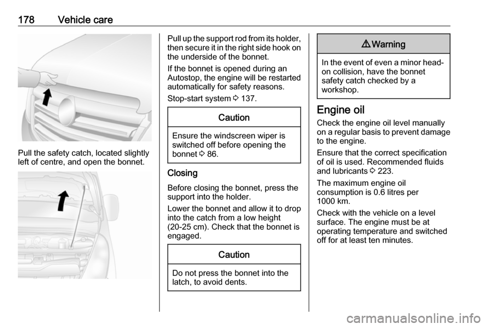 OPEL MOVANO_B 2018  Owners Manual 178Vehicle care
Pull the safety catch, located slightly
left of centre, and open the bonnet.
Pull up the support rod from its holder,
then secure it in the right side hook on the underside of the bonn
