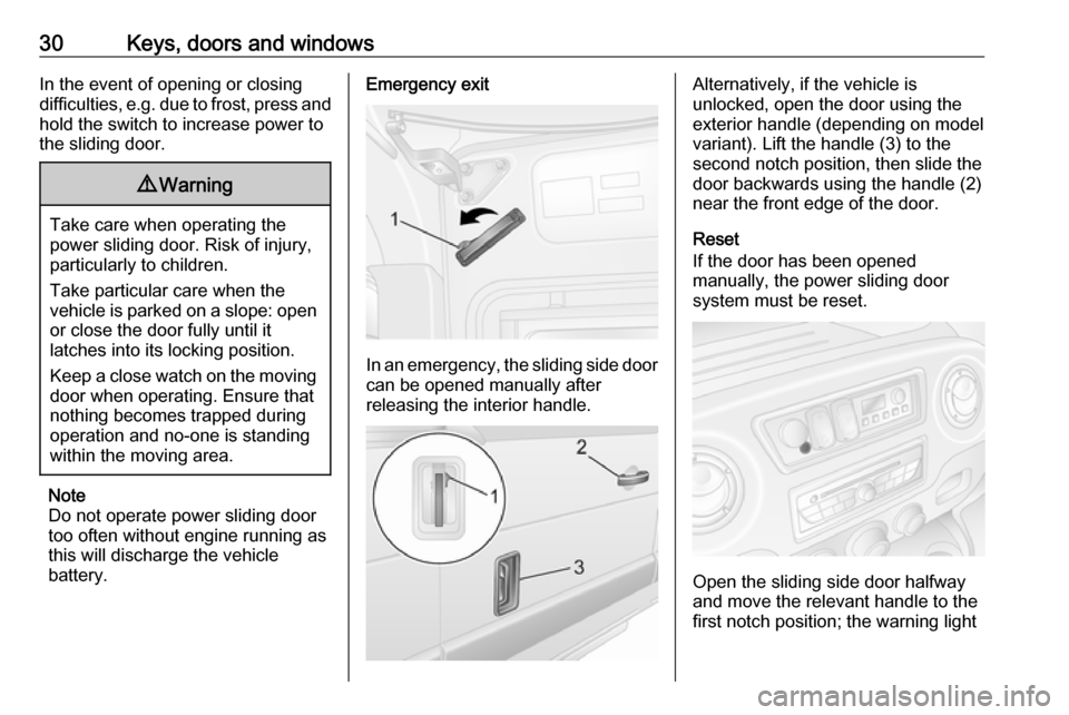 OPEL MOVANO_B 2018  Manual user 30Keys, doors and windowsIn the event of opening or closing
difficulties, e.g. due to frost, press and hold the switch to increase power to
the sliding door.9 Warning
Take care when operating the
powe