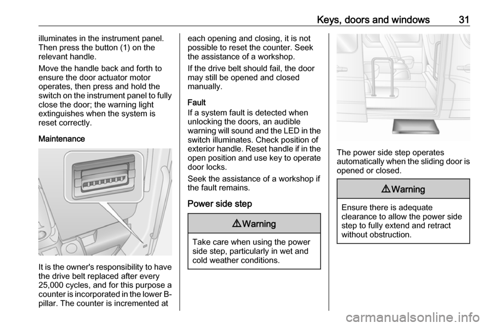 OPEL MOVANO_B 2018  Owners Manual Keys, doors and windows31illuminates in the instrument panel.
Then press the button (1) on the
relevant handle.
Move the handle back and forth to ensure the door actuator motor
operates, then press an