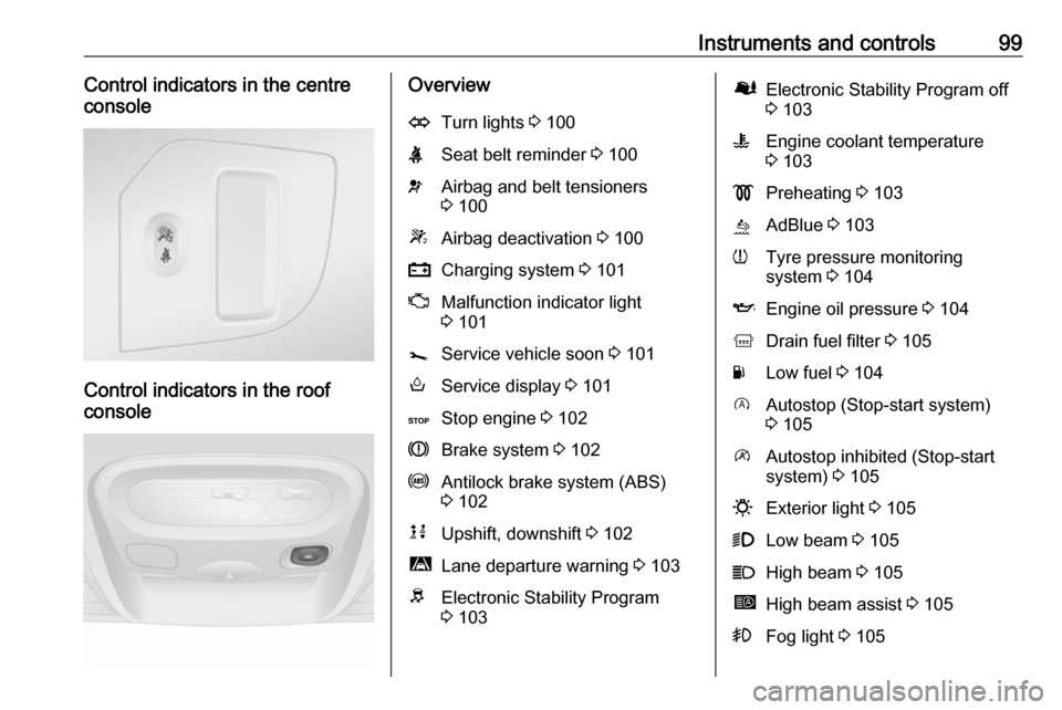 OPEL MOVANO_B 2018.5 Owners Manual Instruments and controls99Control indicators in the centre
console
Control indicators in the roof
console
OverviewOTurn lights 3 100XSeat belt reminder 3 100vAirbag and belt tensioners
3 100WAirbag OPEL MOVANO_B 2018.5 Owners Manual Instruments and controls99Control indicators in the centre
console
Control indicators in the roof
console
OverviewOTurn lights 3 100XSeat belt reminder 3 100vAirbag and belt tensioners
3 100WAirbag