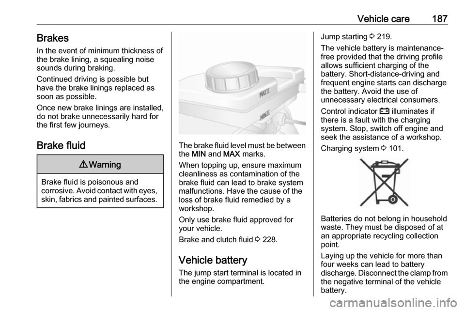 OPEL MOVANO_B 2018.5  Manual user Vehicle care187BrakesIn the event of minimum thickness ofthe brake lining, a squealing noise
sounds during braking.
Continued driving is possible but
have the brake linings replaced as
soon as possibl