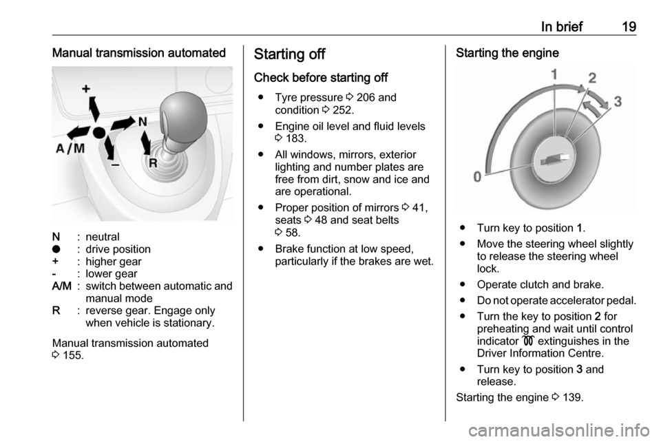 OPEL MOVANO_B 2018.5 Owners Guide In brief19Manual transmission automatedN:neutralo:drive position+:higher gear-:lower gearA/M:switch between automatic and
manual modeR:reverse gear. Engage only
when vehicle is stationary.
Manual tran OPEL MOVANO_B 2018.5 Owners Guide In brief19Manual transmission automatedN:neutralo:drive position+:higher gear-:lower gearA/M:switch between automatic and
manual modeR:reverse gear. Engage only
when vehicle is stationary.
Manual tran
