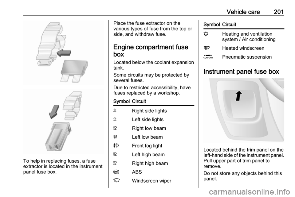 OPEL MOVANO_B 2018.5  Manual user Vehicle care201
To help in replacing fuses, a fuse
extractor is located in the instrument
panel fuse box.
Place the fuse extractor on the
various types of fuse from the top or
side, and withdraw fuse.