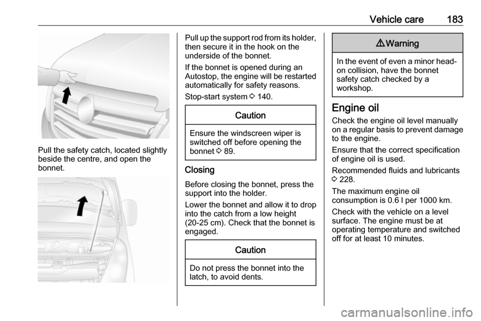 OPEL MOVANO_B 2019 Owners Manual Vehicle care183
Pull the safety catch, located slightly
beside the centre, and open the
bonnet.
Pull up the support rod from its holder,
then secure it in the hook on the
underside of the bonnet.
If t OPEL MOVANO_B 2019 Owners Manual Vehicle care183
Pull the safety catch, located slightly
beside the centre, and open the
bonnet.
Pull up the support rod from its holder,
then secure it in the hook on the
underside of the bonnet.
If t