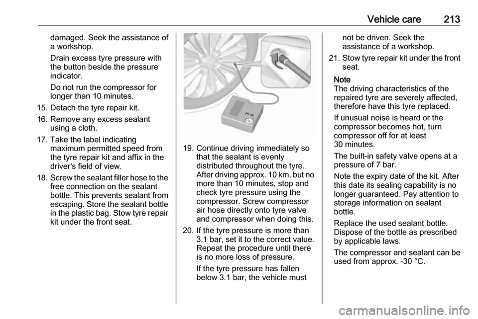 OPEL MOVANO_B 2019 Owners Manual Vehicle care213damaged. Seek the assistance of
a workshop.
Drain excess tyre pressure with
the button beside the pressure
indicator.
Do not run the compressor for
longer than 10 minutes.
15. Detach th OPEL MOVANO_B 2019 Owners Manual Vehicle care213damaged. Seek the assistance of
a workshop.
Drain excess tyre pressure with
the button beside the pressure
indicator.
Do not run the compressor for
longer than 10 minutes.
15. Detach th
