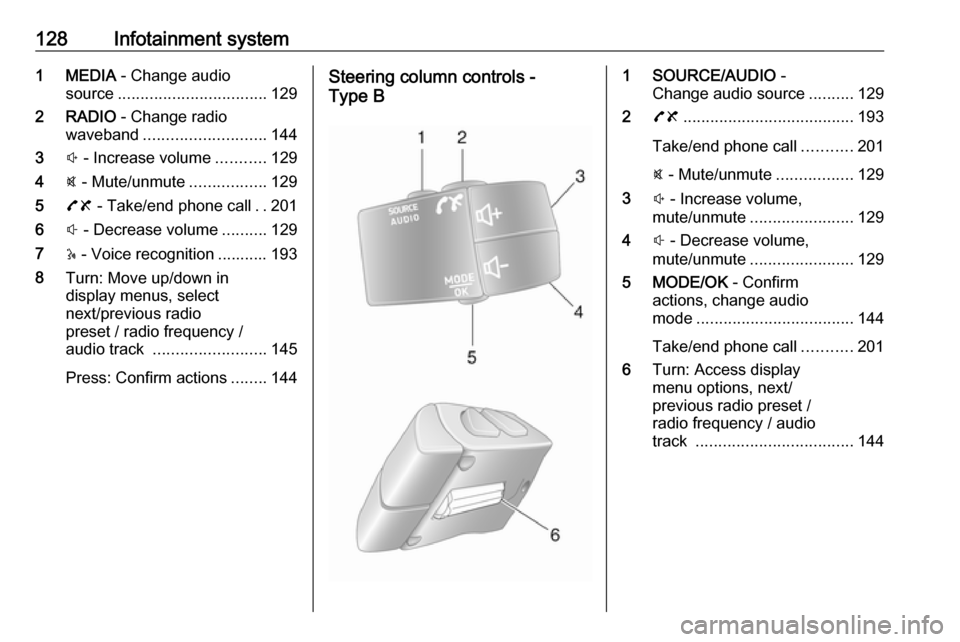 OPEL MOVANO_B 2020 Owners Manual 128Infotainment system1 MEDIA - Change audio
source ................................. 129
2 RADIO - Change radio
waveband ........................... 144
3 ! - Increase volume ...........129
4 @ - Mu OPEL MOVANO_B 2020 Owners Manual 128Infotainment system1 MEDIA - Change audio
source ................................. 129
2 RADIO - Change radio
waveband ........................... 144
3 ! - Increase volume ...........129
4 @ - Mu
