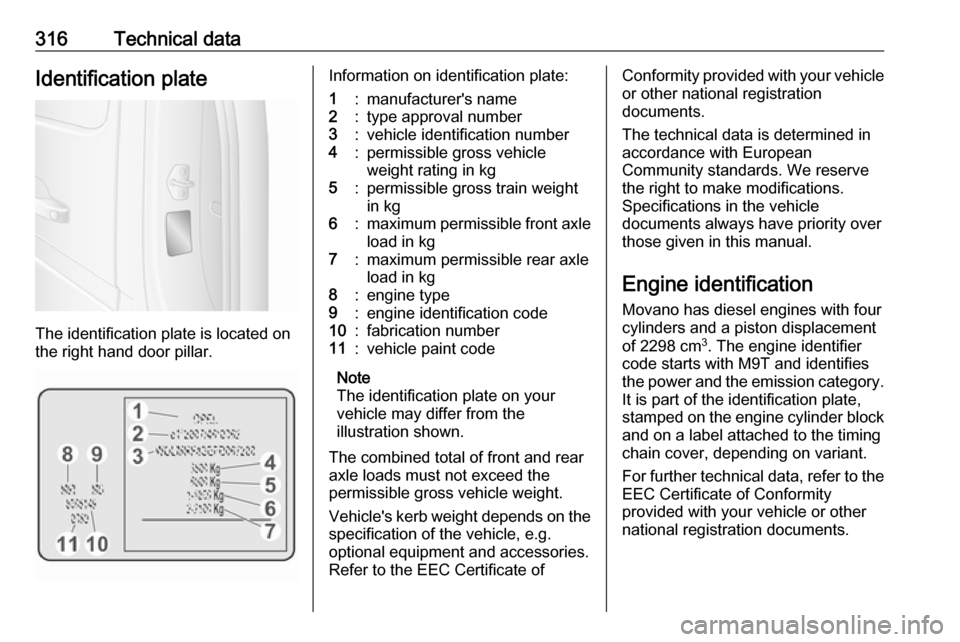 OPEL MOVANO_B 2020 Owners Manual 316Technical dataIdentification plate
The identification plate is located on
the right hand door pillar.
Information on identification plate:1:manufacturers name2:type approval number3:vehicle identi OPEL MOVANO_B 2020 Owners Manual 316Technical dataIdentification plate
The identification plate is located on
the right hand door pillar.
Information on identification plate:1:manufacturers name2:type approval number3:vehicle identi