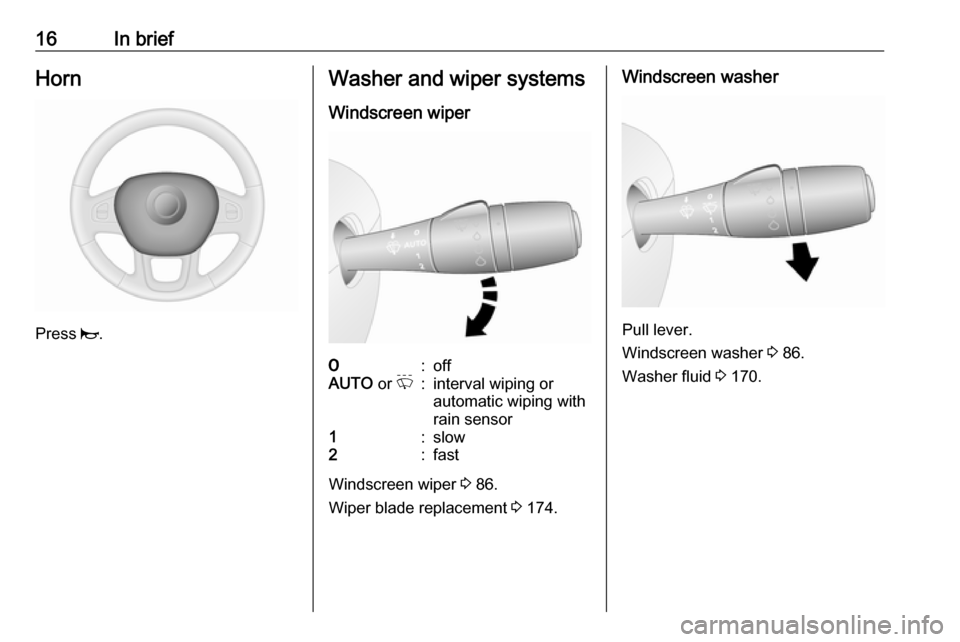 OPEL VIVARO B 2018 User Guide 16In briefHorn
Press j.
Washer and wiper systems
Windscreen wiper7:offAUTO  or P:interval wiping or
automatic wiping with
rain sensor1:slow2:fast
Windscreen wiper  3 86.
Wiper blade replacement  3 174