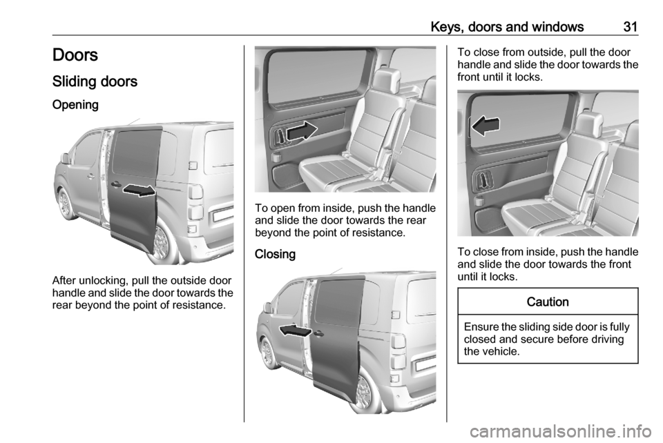 OPEL VIVARO C 2020.25 Owners Guide Keys, doors and windows31Doors
Sliding doors
Opening
After unlocking, pull the outside door
handle and slide the door towards the
rear beyond the point of resistance.
To open from inside, push the han