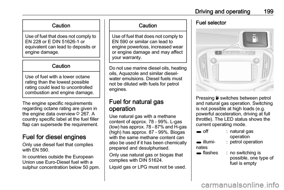 OPEL ZAFIRA C 2017.25 Owners Manual Driving and operating199Caution
Use of fuel that does not comply toEN 228 or E DIN 51626-1 or
equivalent can lead to deposits or
engine damage.
Caution
Use of fuel with a lower octane
rating than the OPEL ZAFIRA C 2017.25 Owners Manual Driving and operating199Caution
Use of fuel that does not comply toEN 228 or E DIN 51626-1 or
equivalent can lead to deposits or
engine damage.
Caution
Use of fuel with a lower octane
rating than the