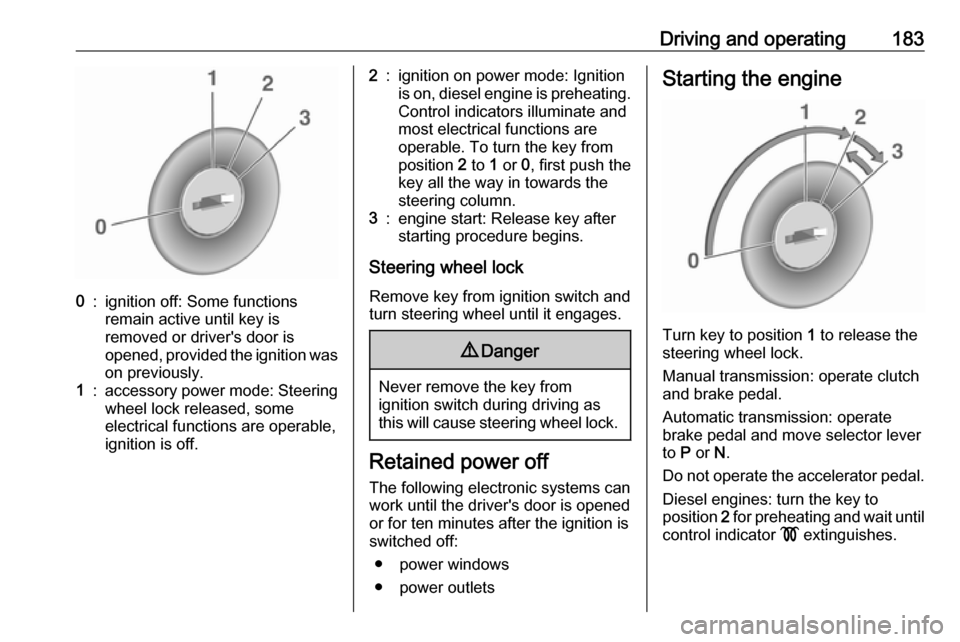 OPEL ZAFIRA C 2019  Owners Manual Driving and operating1830:ignition off: Some functions
remain active until key is
removed or drivers door is
opened, provided the ignition was
on previously.1:accessory power mode: Steering wheel loc