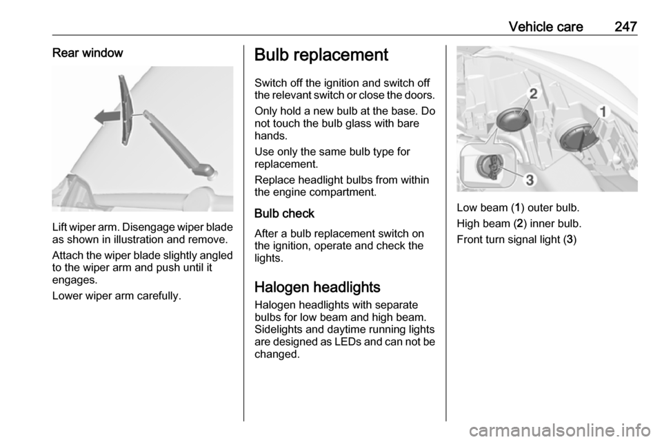 OPEL ZAFIRA C 2019  Owners Manual Vehicle care247Rear window
Lift wiper arm. Disengage wiper bladeas shown in illustration and remove.
Attach the wiper blade slightly angled
to the wiper arm and push until it
engages.
Lower wiper arm 